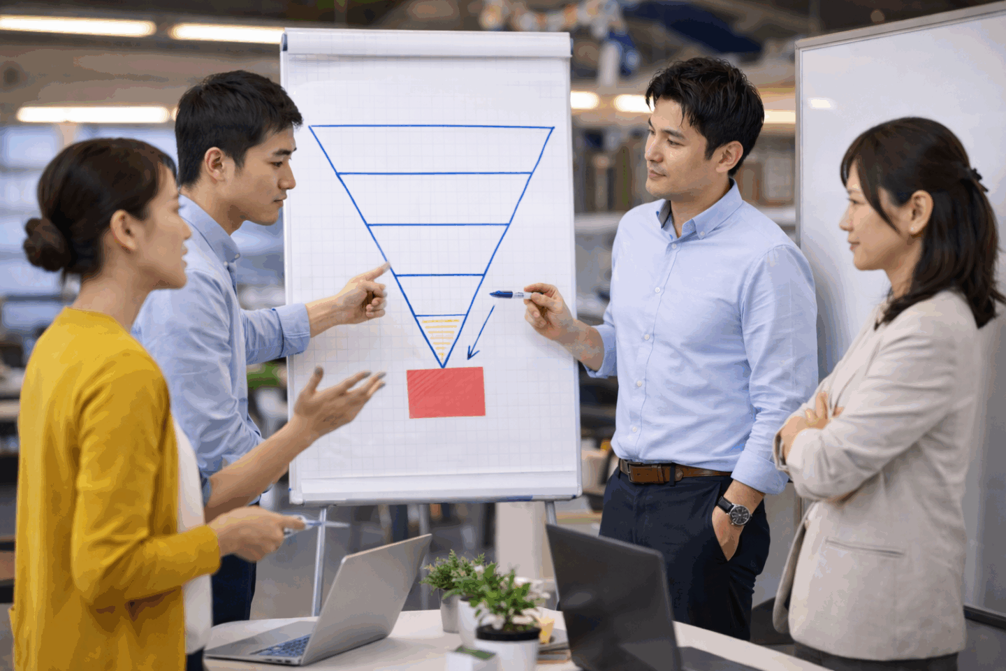 チームでマーケティングファネルの課題を分析する様子