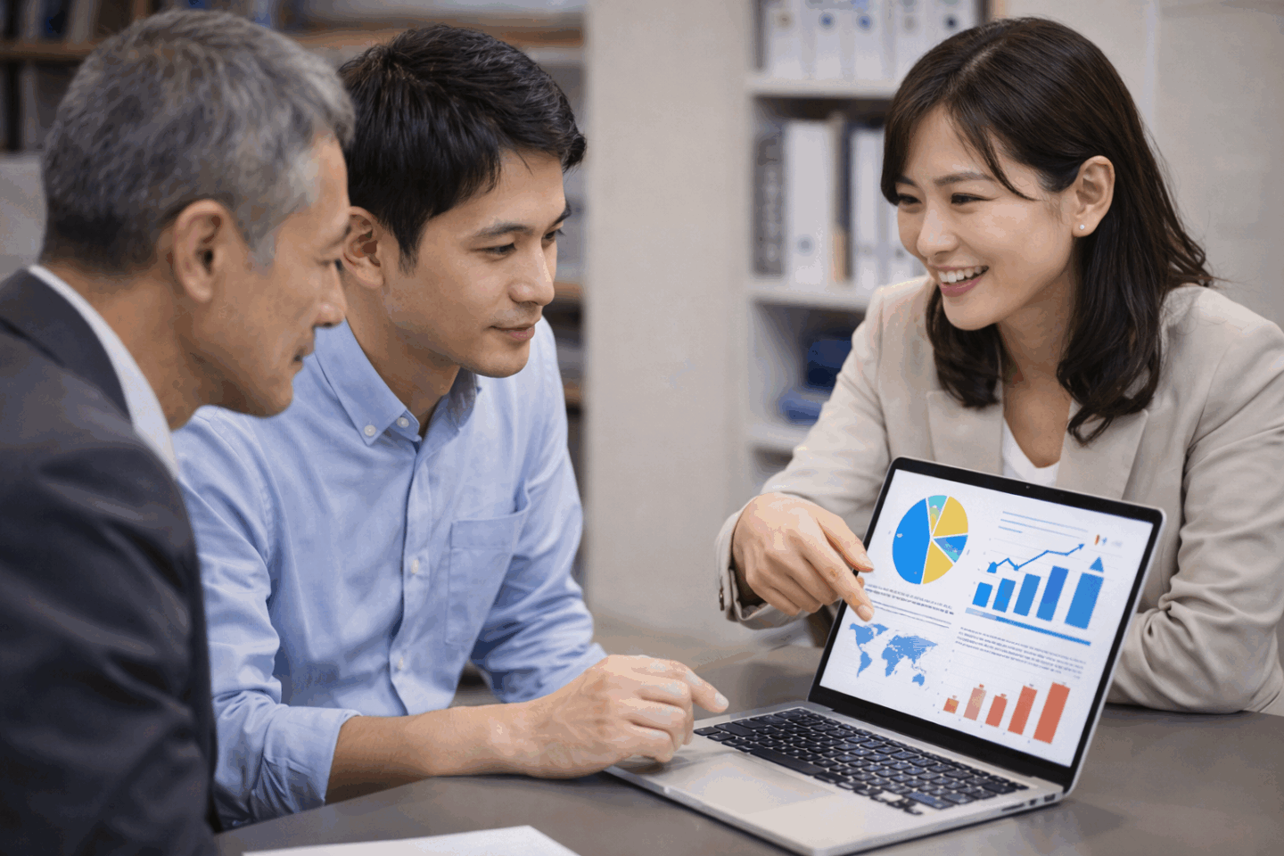 UCWORLDの担当者がクライアントにファネル改善の戦略を提案している風景