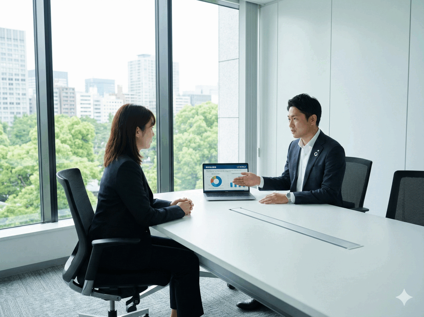 UCWORLDのコンサルタントがクライアント企業様と、マーケティング戦略の実行と課題解決について商談している様子