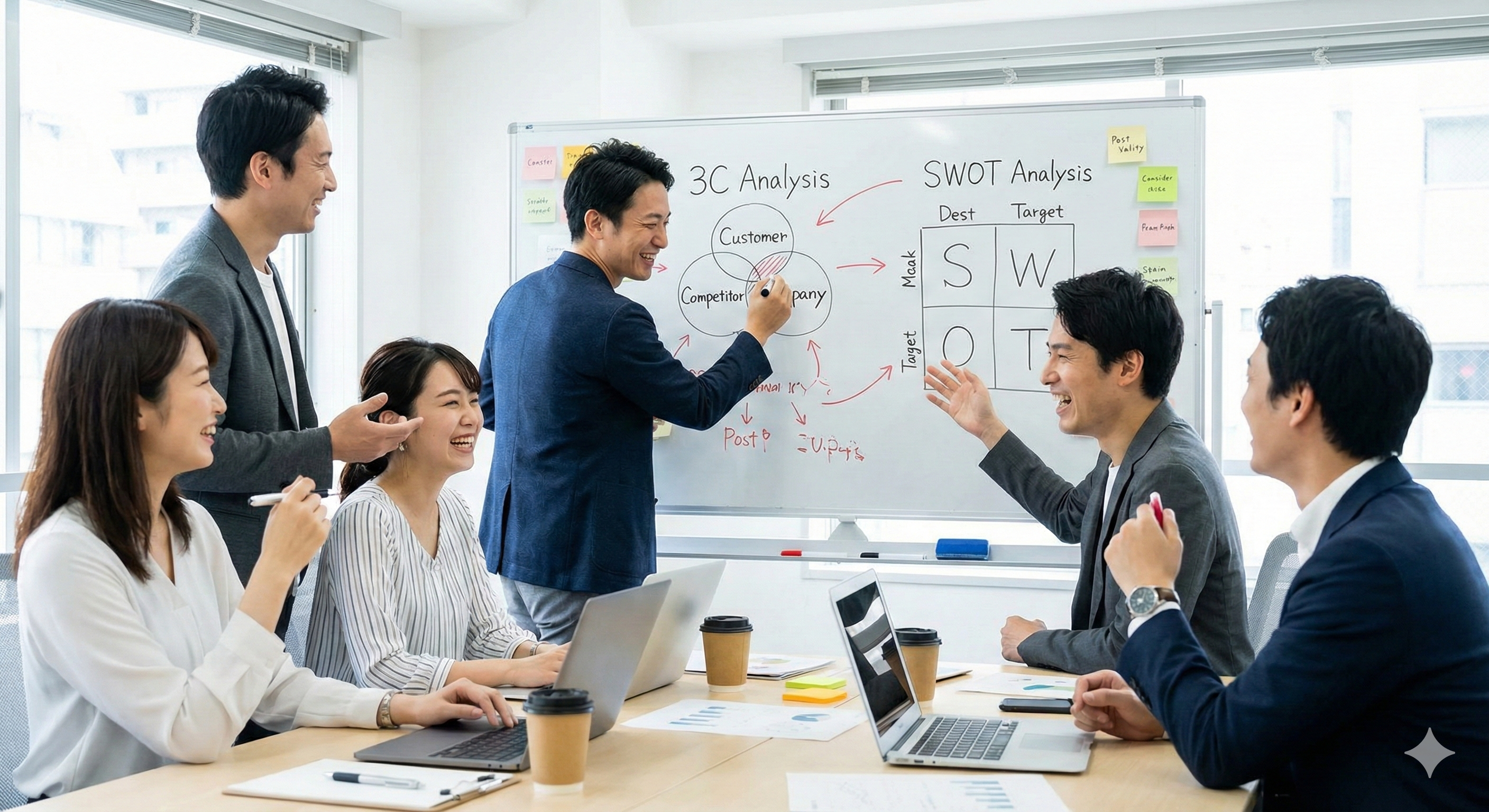 マーケティングフレームワークを活用して戦略を練るビジネスチーム