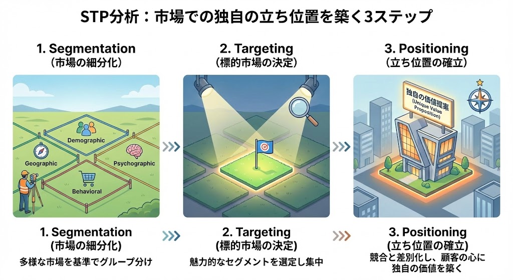 STP分析のセグメンテーション・ターゲティング・ポジショニングの流れ図
