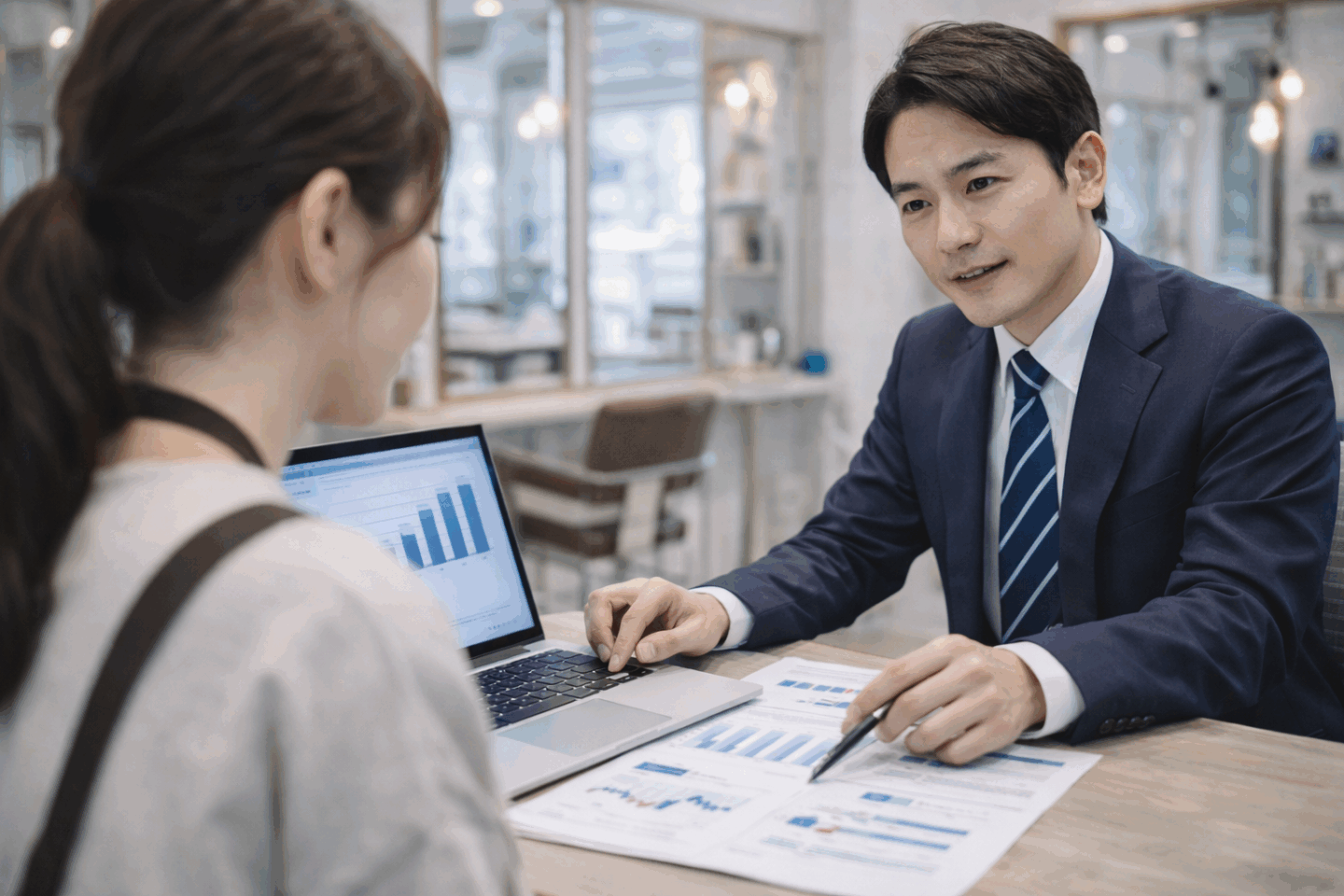 ホットペッパービューティーの口コミ対策について、専門コンサルタントがサロンオーナーと相談している様子