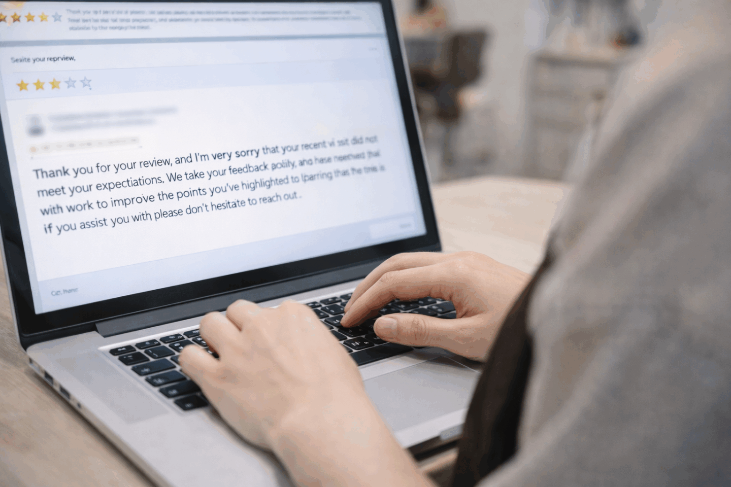 低評価の口コミに対して誠実に返信を作成するサロンスタッフ