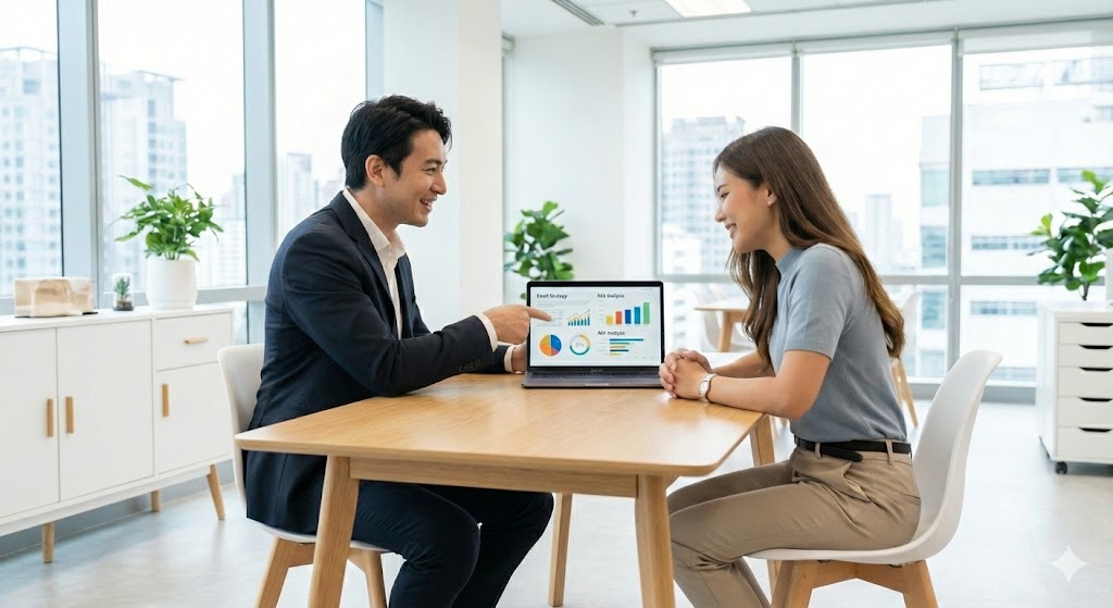 UCWORLDのコンサルタントがクライアントとメールマーケティングの戦略について商談している様子