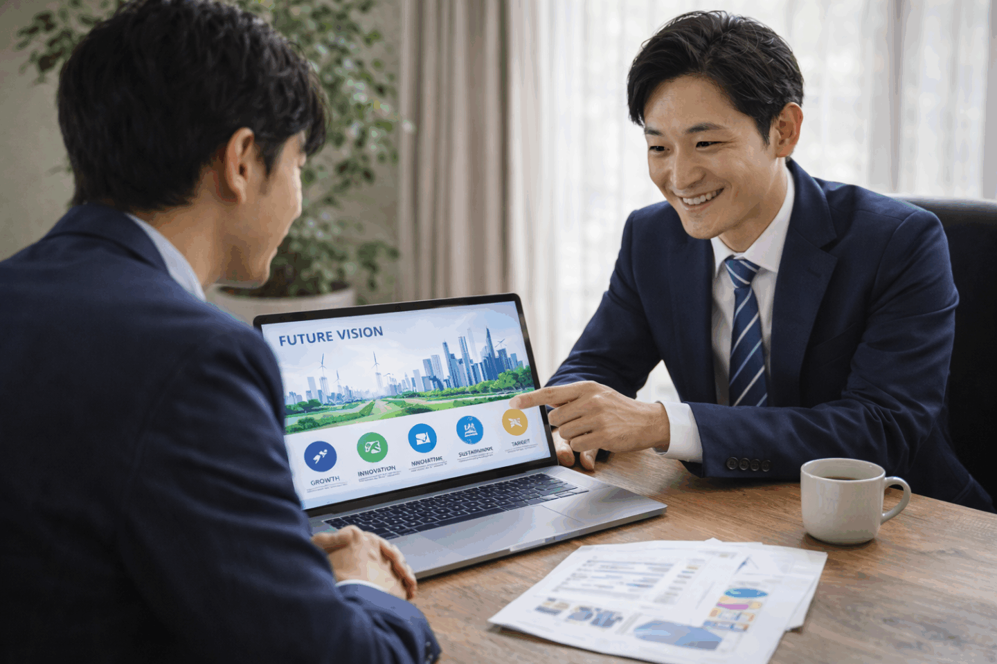 UCWORLDのコンサルタントが企業の担当者とコンテンツマーケティングの成果について相談している様子