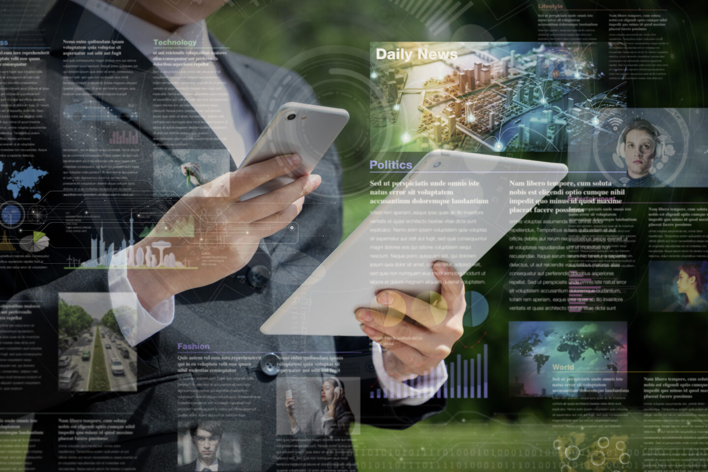 スマートフォンでまとめサイト（キュレーションサイト）の情報を閲覧する様子