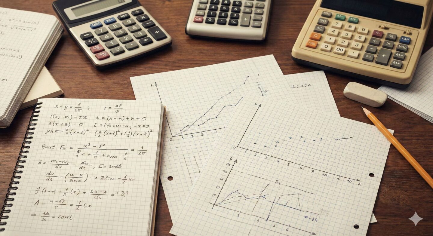 電卓や計算式、グラフ用紙のイメージ