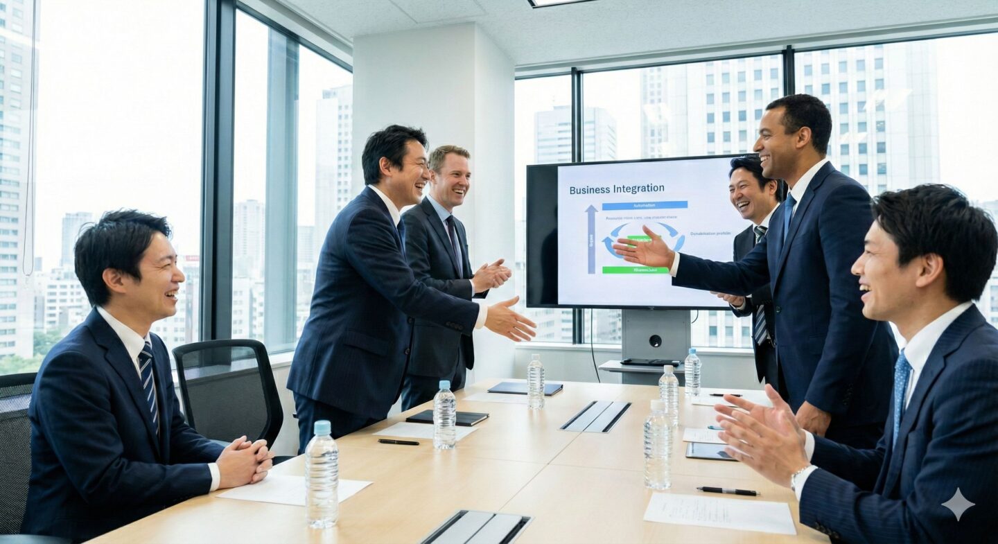 会議室で日本人がクライアントとににこやかに商談している