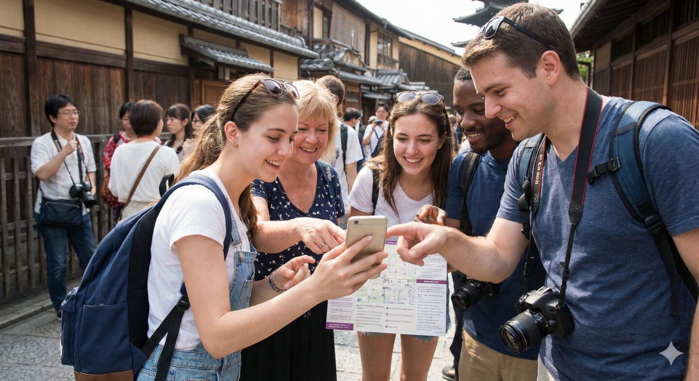 外国人旅行客がスマートフォンで日本の観光情報を検索している画像