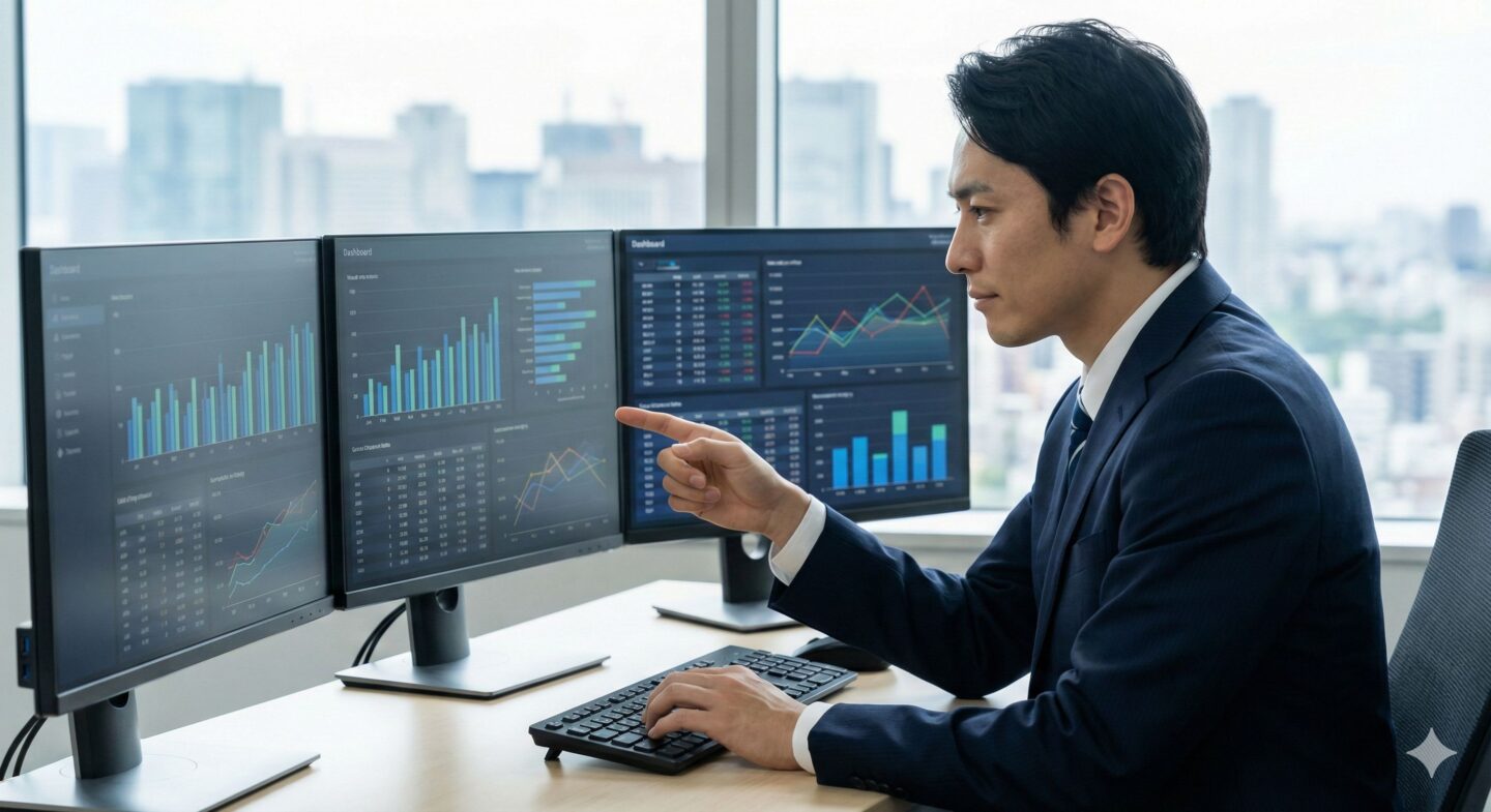 平均値と中央値を分析するビジネスパーソンとデータグラフ