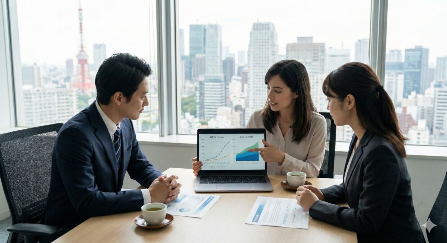 デジタルマーケティングコンサルタントがクライアントと打ち合わせしているシーン