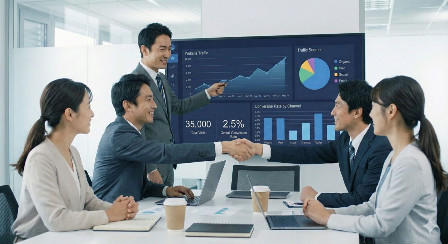 プロフェッショナルなマーケティングチームがミーティングしている様子