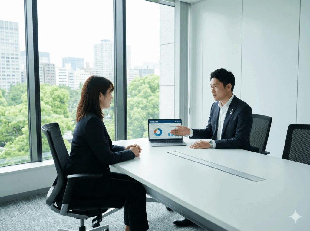UCWORLDのコンサルタントがクライアント企業様と、マーケティング戦略の実行と課題解決について商談している様子